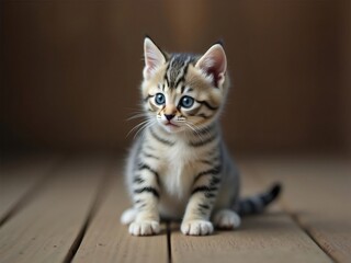 ブルーの瞳を持つ愛らしい茶色と黒の縞模様の子猫が木製の床の背景で静かに座っています