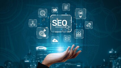 Naklejka premium SEO concept for improving SEO visibility, with SEO related digital tools and SEO performance icons shown in an focused layout for strategic marketing. Muxer
