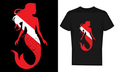 Silhouette of a mermaid diver with a diver down flag symbolizing underwater exploration and scuba diving adventures in the ocean © DesignHub