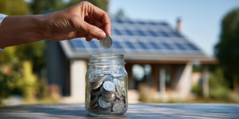 Hand places coin into jar in front of house with solar panels during daytime