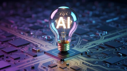 Artificial intelligence lightbulb on circuit board symbolizing innovation and technology