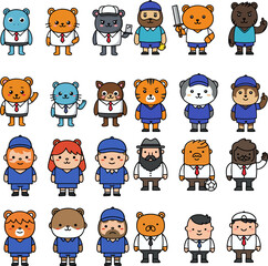 A large set of diverse cartoon avatar icons featuring cute animals and people in different professional and casual outfits