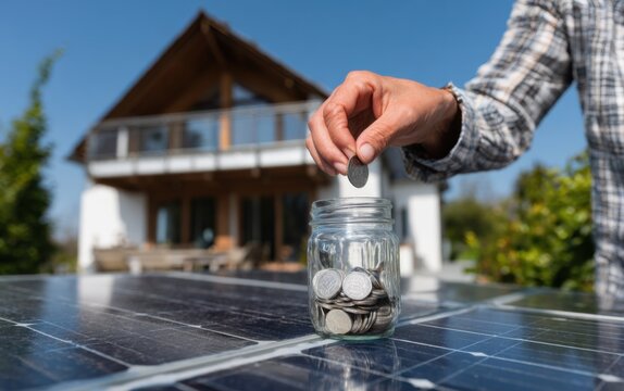 Person adding coins to a jar while standing near solar panels outside a house on a sunny day
