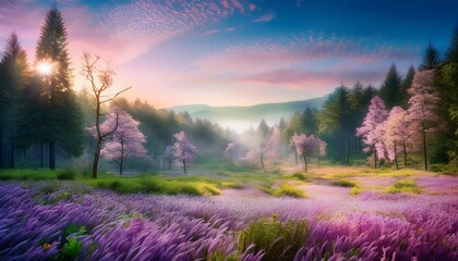 dreamy pastel depiction of a lush forest landscape setting