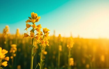 Obraz premium 鮮やかな黄色の菜の花畑に明るい日差しが降り注ぐ春の風景写真