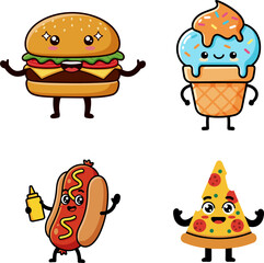 A delightful set of cute kawaii fast food characters featuring a smiling hamburger, cheerful hot dog, happy pizza slice, and sweet ice cream cone illustration