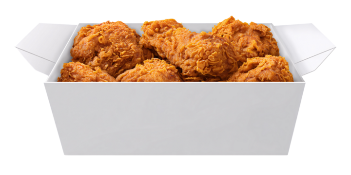 Crispy fried chicken in a white cardboard box, delicious and tempting fast food meal for lunch or dinner, isolated on black background