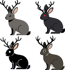 Vector art collection of the legendary jackalope, a mythical horned rabbit from North American folklore, shown in a set of four different color styles