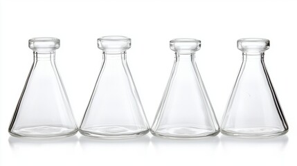 Four clear glass laboratory flasks with conical shapes and flat bases.