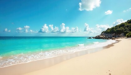 Fototapeta premium A serene beach template with golden sands and turquoise waters perfect for vacation brochures or travel websites , picturesque, waves