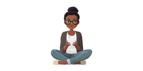 Smiling African American woman using smartphone while sitting crosslegged indoors Concept of mobile technology, communication, and relaxation