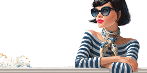 Elegant White Woman in Striped Shirt with Scarf and Sunglasses Gazing at Coastal Town Concept of Summer Vacation, Travel, and Mediterranean Lifestyle