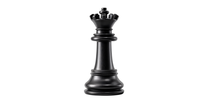 Elegant black queen chess piece isolated on black background, showcasing strategy and power in a conceptual game of skill