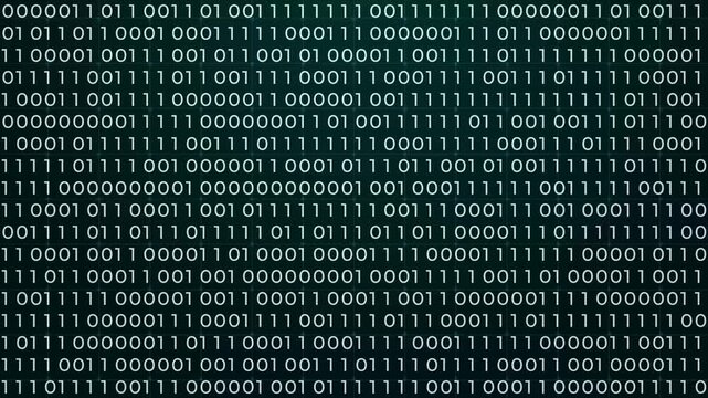 Binary code digital abstract background featuring streams of white ones and zeros on a black screen, representing data, programming, encryption, coding, Motion graphics of binary concept.