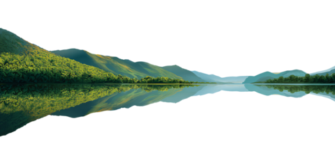 Serene mountain lake reflection at dawn, showcasing lush green forest and tranquil water Concept of nature, landscape, and peaceful scenery