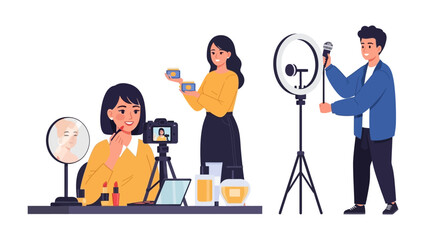 A mother applying makeup to her teenage daughter in a bright room with a vanity table filled with beauty products and brushes