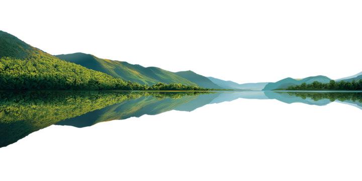 Serene mountain lake reflection at dawn, showcasing lush green forest and tranquil water Concept of nature, landscape, and peaceful scenery