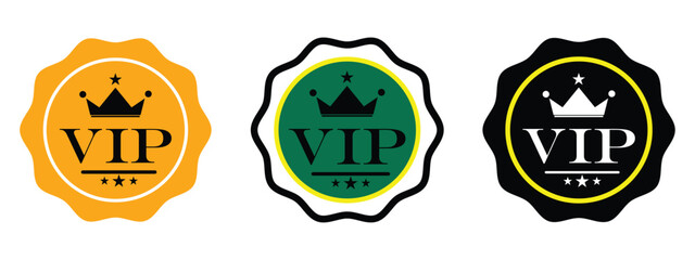 "VIP Membership Badges Set – Gold, Silver & Bronze Premium Round Labels with Crown & Stars Vector Icons" © MDMOHIR