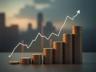 上昇傾向を示す金貨の積み重ねと街並みの背景