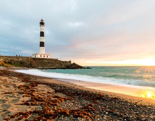 Lighthouse at sunset on a beach