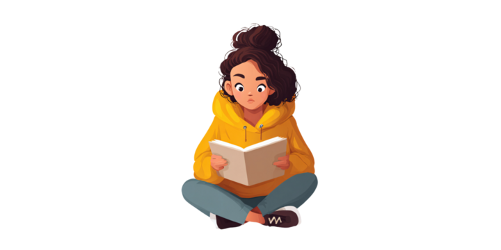 Cartoon girl reading book in yellow hoodie sitting crosslegged indoors Concept of education, learning, and childhood with a thoughtful mood