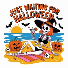 Fototapeta premium A playful skeleton in a swimsuit enjoys a beach day, surrounded by pumpkins and candy, eagerly awaiting Halloween.
