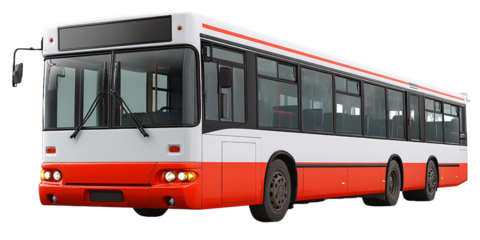 Red and white city bus with large windows, public transportation vehicle for urban mobility and passenger transport on a transparent background