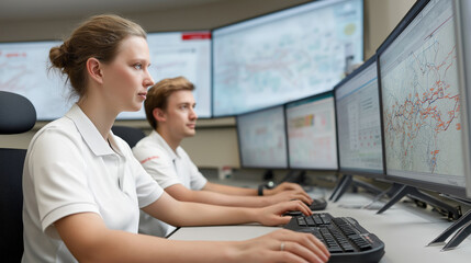 Engineers monitor systems and analyze data in a control room during a collaborative tech project