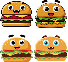 Adorable burger mascot collection with funny faces. A creative fast food concept for culinary branding, presented as a charming vector illustration set
