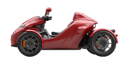 Sleek red threewheeled vehicle, modern roadster design with open cockpit on black background Concept of innovative transportation, automotive engineering, and futuristic mobility