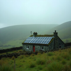 Solar panels on a small rural cottage in Ireland, green landscape with rolling hills, rustic countryside setting, eco-friendly solar energy photography