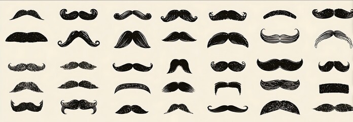 30 different mustache shapes vector graphics on a white background