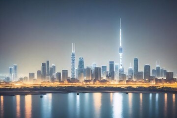 Obraz premium Illuminated Dubai Skyline At Night Reflecting In Water Under Dark Blue Sky Scenery