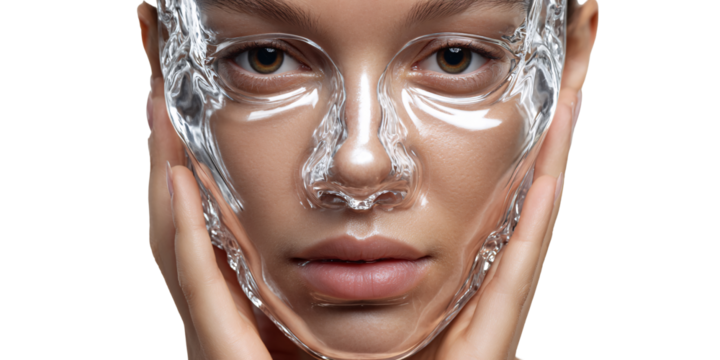 Caucasian woman with transparent face mask touching her face Concept of skincare, beauty treatment, and futuristic technology