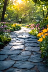 Obraz premium Stone Path Leads To Fountain Through Lush Green Garden with Yellow and Purple Flowers