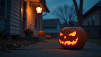 Obraz premium solitary casts eerie glow crisp autumn night carved face illuminated soft light lone porch lamp