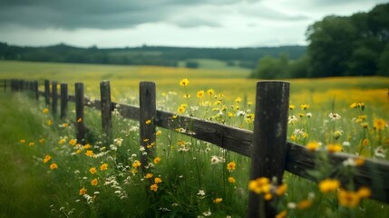 Obraz premium Rustic Wooden Fence Bordering Lush Green Field with Yellow Wildflowers under Overcast Sky