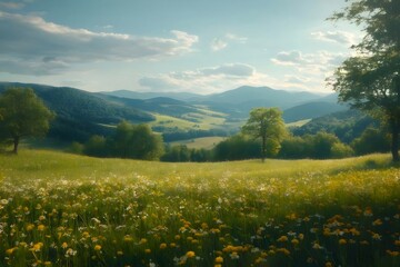 緑豊かな丘の上の太陽の光に満ちた野原、白い花と黄色の花が咲き乱れる風景