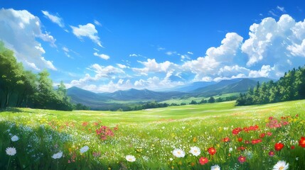 花の咲く牧草地の風景 青い空と白い雲のある晴れた日の穏やかなシーン