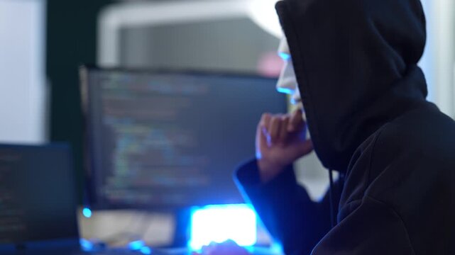 An anonymous hacker in a dark hoodie works on a computer in a dark room. He is a criminal, secretly stealing private information and committing cyber crimes online.