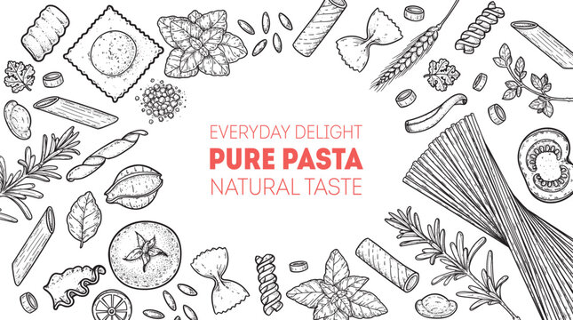 Traditional Italian pasta sketch. Italian food. Staple food. Hand drawn vector illustration. Background for packaging, menu. Top view. Not AI