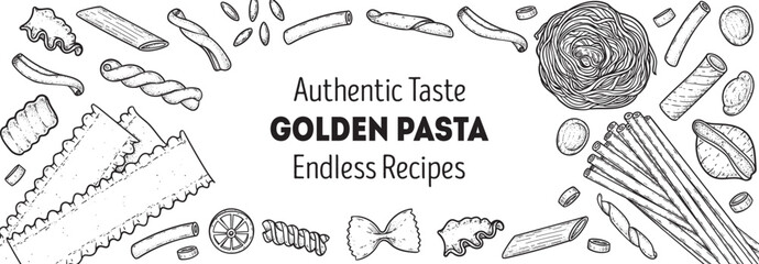 Traditional Italian pasta sketch. Italian food. Staple food. Hand drawn vector illustration. Background for packaging, menu. Top view. Not AI