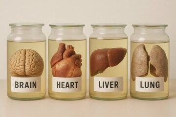 Four glass jars containing preserved human organs, brain, heart, liver and lungs, used for educational or research purposes