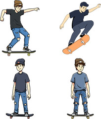 Obraz premium Vector set of teenage boys skateboarding. Illustrations of young male skater characters in action, representing youth culture and an active urban lifestyle