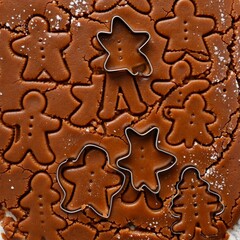 close gingerbread cookie multiple cookie cutters arranged shape gingerbread men cookie round has light brown color crumbly texture cutters metal shaped like gingerbread cookies small holes center