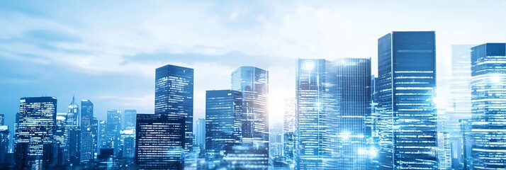 Wide panoramic shot of financial district skyscrapers with carbon credit and green finance digital hologram overlay.