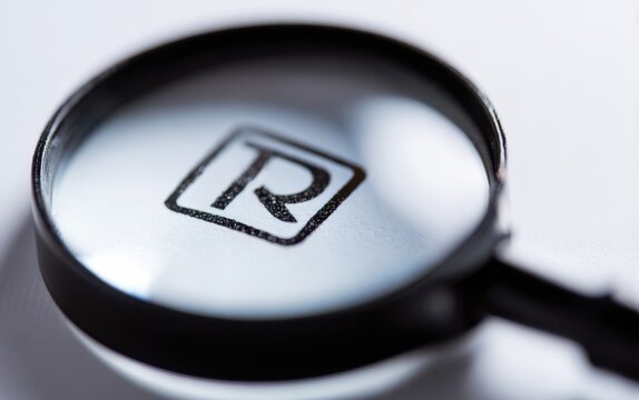 Magnifying glass focusing on a printed letter R suggesting analysis and examination in detail at a workspace