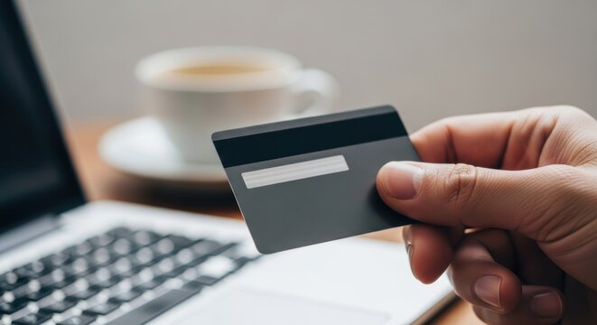 Hand holding credit card near laptop with coffee in background - Powered by Adobe