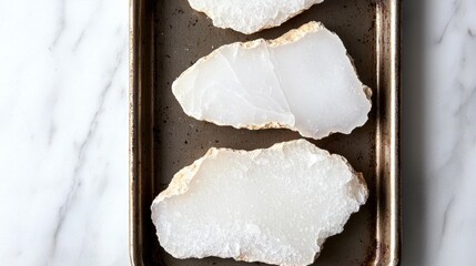 White crystals on a baking tray.