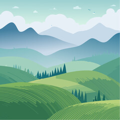 Green rolling hills under misty mountains